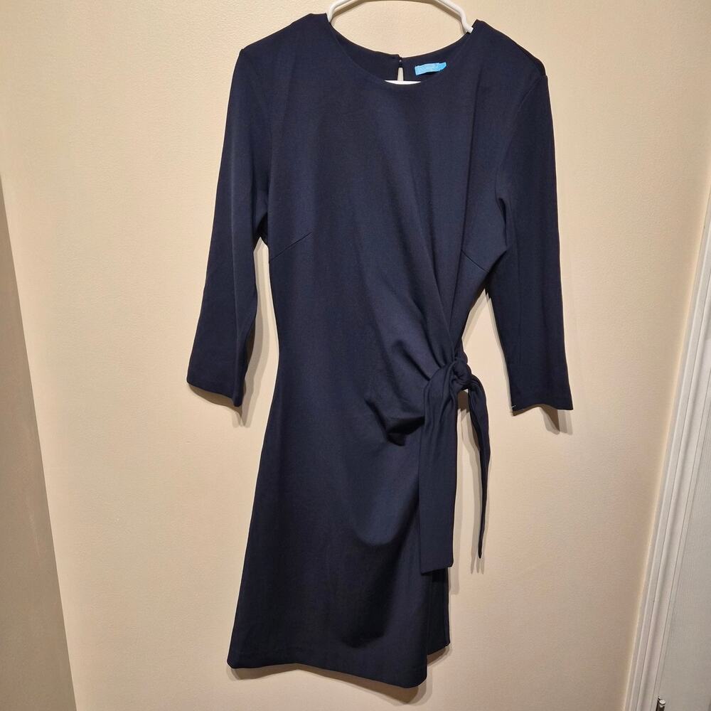 J. McLaughlin Large Navy Blye 3/4 Sleeve Side-Tie Dress Faux Wrap Knee Length
